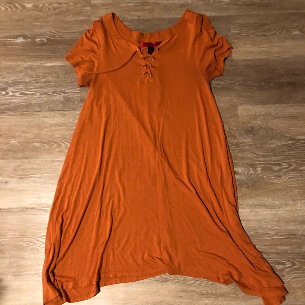 orange, tie up mini dress